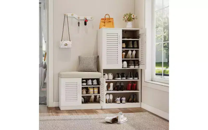JVNOXK 47-inch Multi-Function Adjustable Shelf Shoe Cabinet with Storage Compartment and Padded Shoe Bench, Suitable for Entryway, White