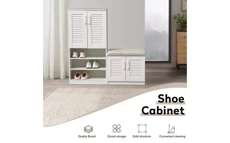 47-inch Multi-Function Adjustable Shelf Shoe Cabinet with Storage Compartment and Padded Shoe Bench, White