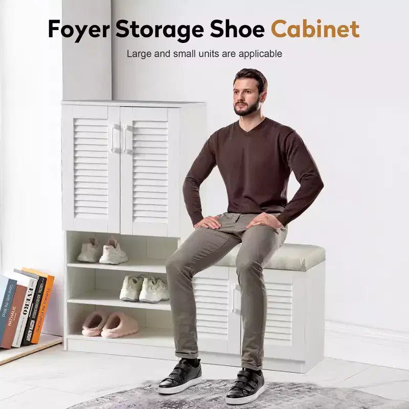 47-inch Multi-Function Adjustable Shelf Shoe Cabinet with Storage Compartment and Padded Shoe Bench, White