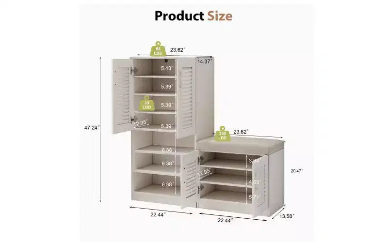 47-inch Multi-Function Adjustable Shelf Shoe Cabinet with Storage Compartment and Padded Shoe Bench, White