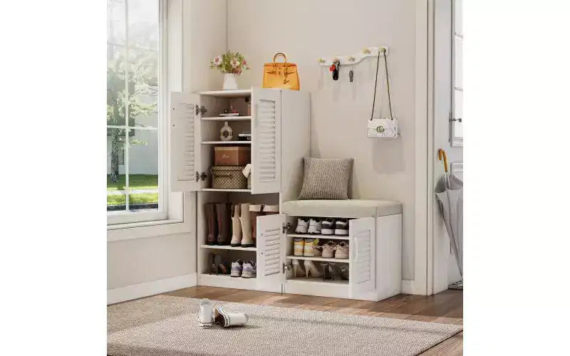 47-inch Multi-Function Adjustable Shelf Shoe Cabinet with Storage Compartment and Padded Shoe Bench, White