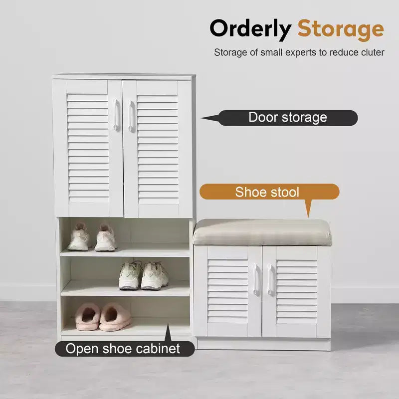 47-inch Multi-Function Adjustable Shelf Shoe Cabinet with Storage Compartment and Padded Shoe Bench, White