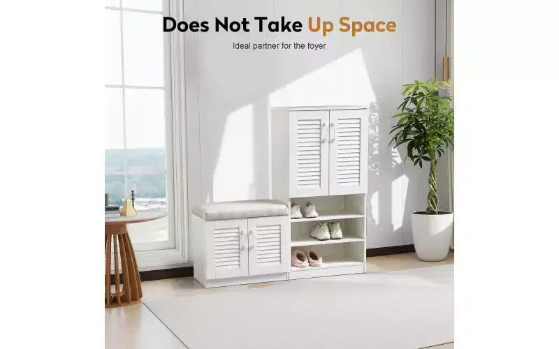 47-inch Multi-Function Adjustable Shelf Shoe Cabinet with Storage Compartment and Padded Shoe Bench, White