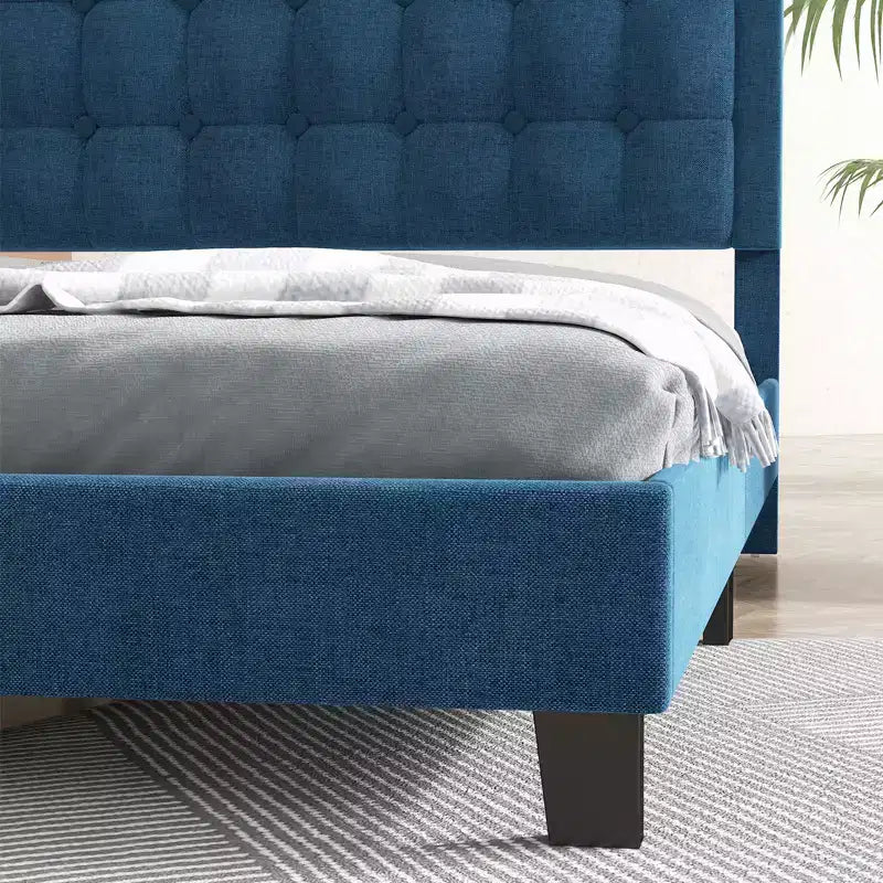 Upholstered Platform Bed Frame with Adjustable Tufted Headboard, No Box Spring Required, Blue