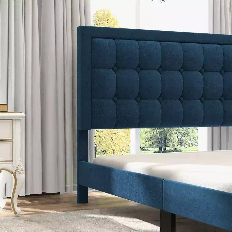 Upholstered Platform Bed Frame with Adjustable Tufted Headboard, No Box Spring Required, Blue