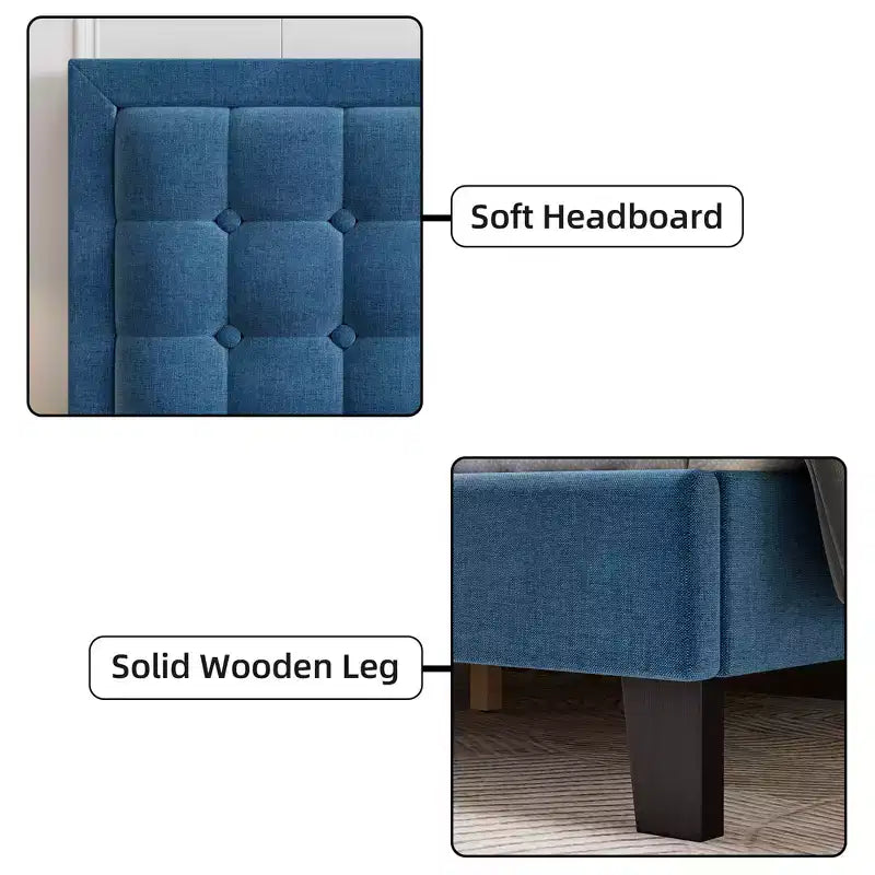 Upholstered Platform Bed Frame with Adjustable Tufted Headboard, No Box Spring Required, Blue