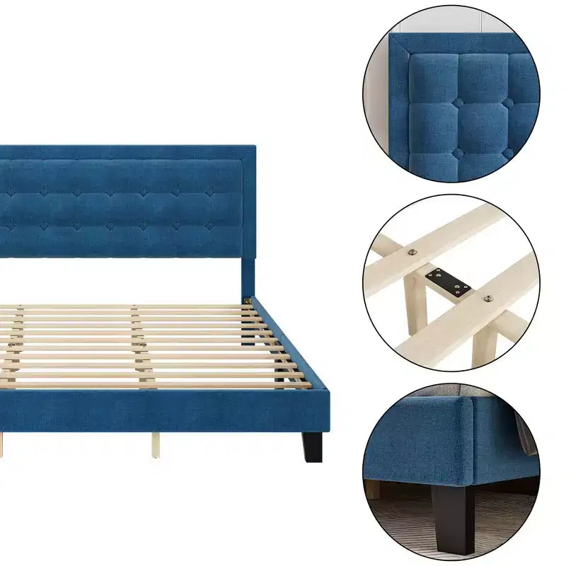 Upholstered Platform Bed Frame with Adjustable Tufted Headboard, No Box Spring Required, Blue