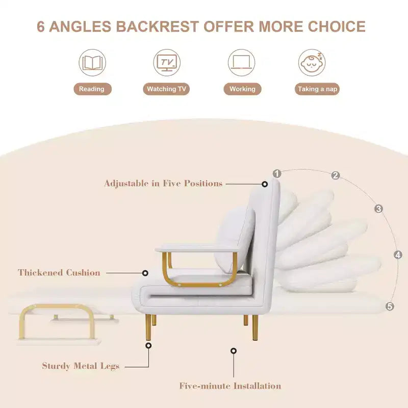 Folding Sofa Bed 3-in-1 Convertible Chair - 5-Position Adjustable Backrest with Pillow, Space-Saving Sleeper for Living Room, Bedroom & Office (White)