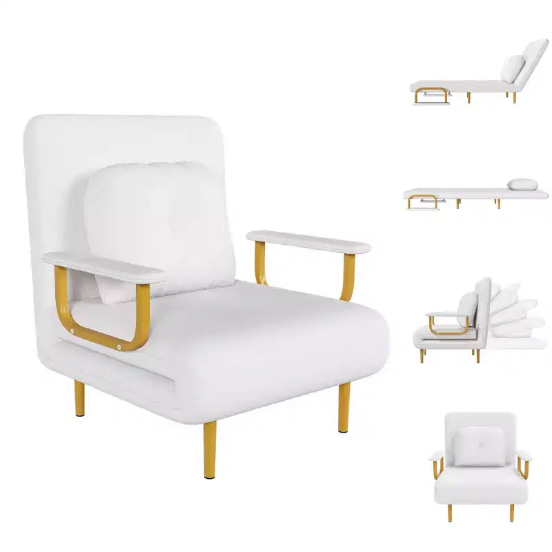 Folding Sofa Bed 3-in-1 Convertible Chair - 5-Position Adjustable Backrest with Pillow, Space-Saving Sleeper for Living Room, Bedroom & Office (White)