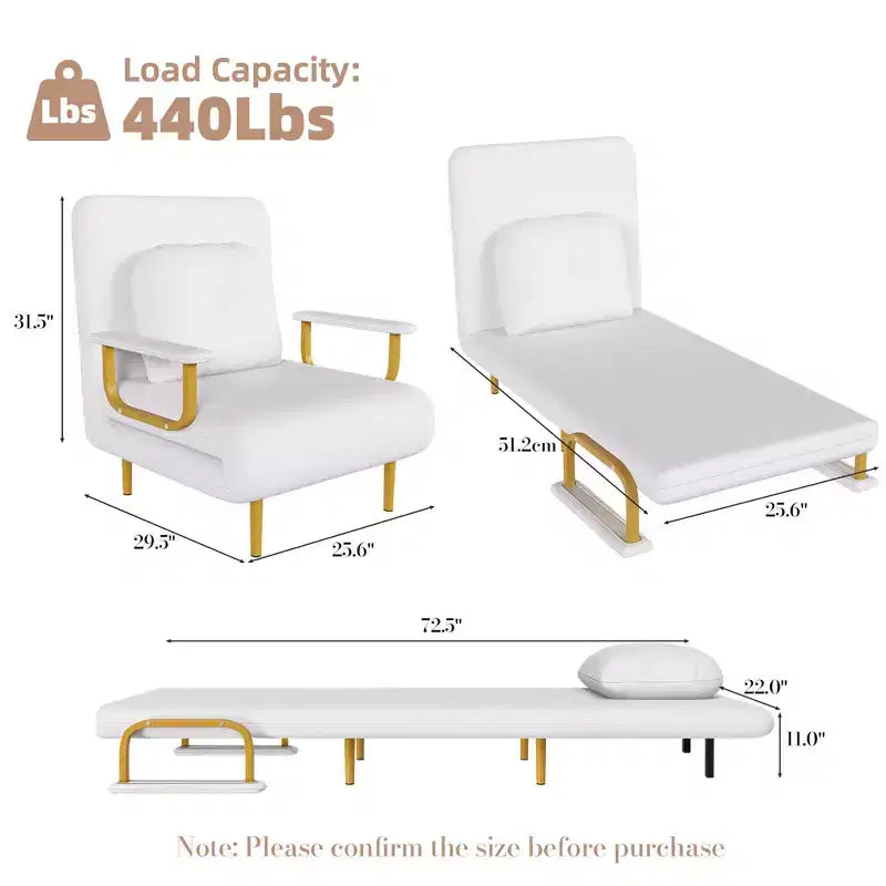 Folding Sofa Bed 3-in-1 Convertible Chair - 5-Position Adjustable Backrest with Pillow, Space-Saving Sleeper for Living Room, Bedroom & Office (White)