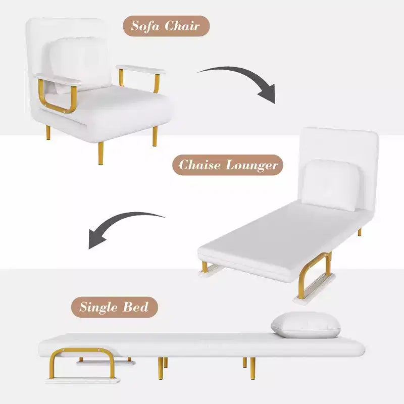 Folding Sofa Bed 3-in-1 Convertible Chair - 5-Position Adjustable Backrest with Pillow, Space-Saving Sleeper for Living Room, Bedroom & Office (White)