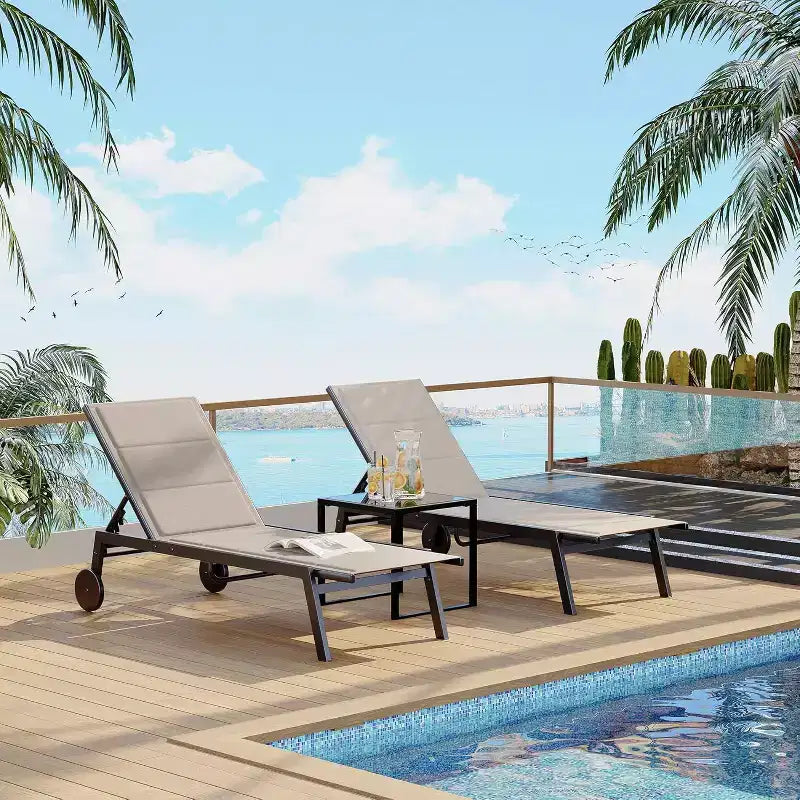 Patio Chaise Lounge Set of 2 with Side Table & Adjustable Backrest