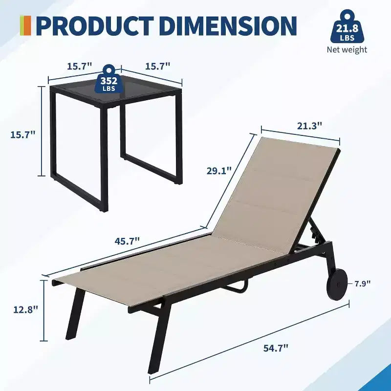 Patio Chaise Lounge Set of 2 with Side Table & Adjustable Backrest