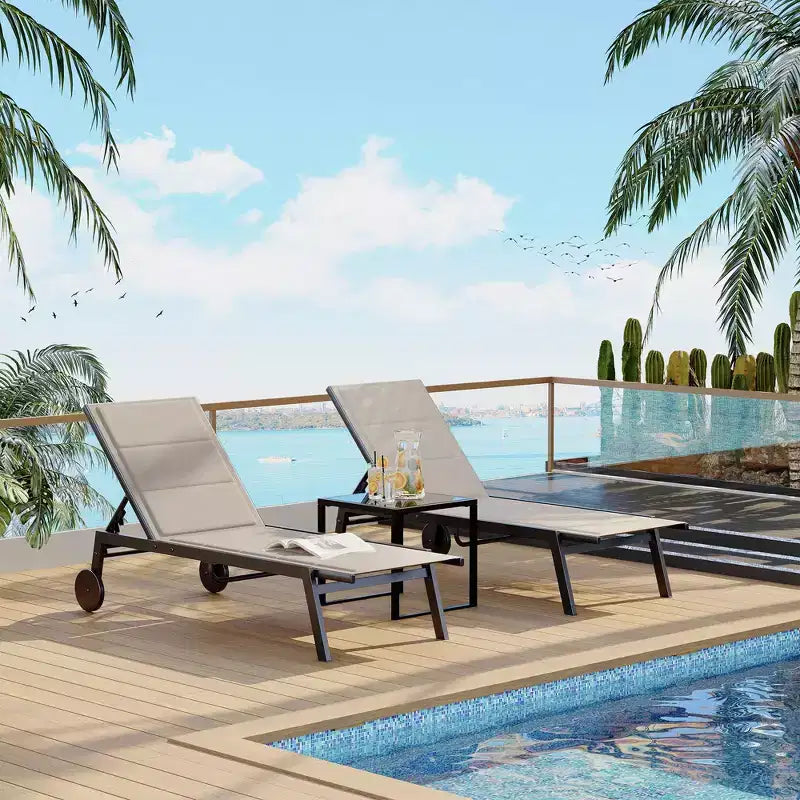 Patio Chaise Lounge Set of 2 with Side Table & Adjustable Backrest