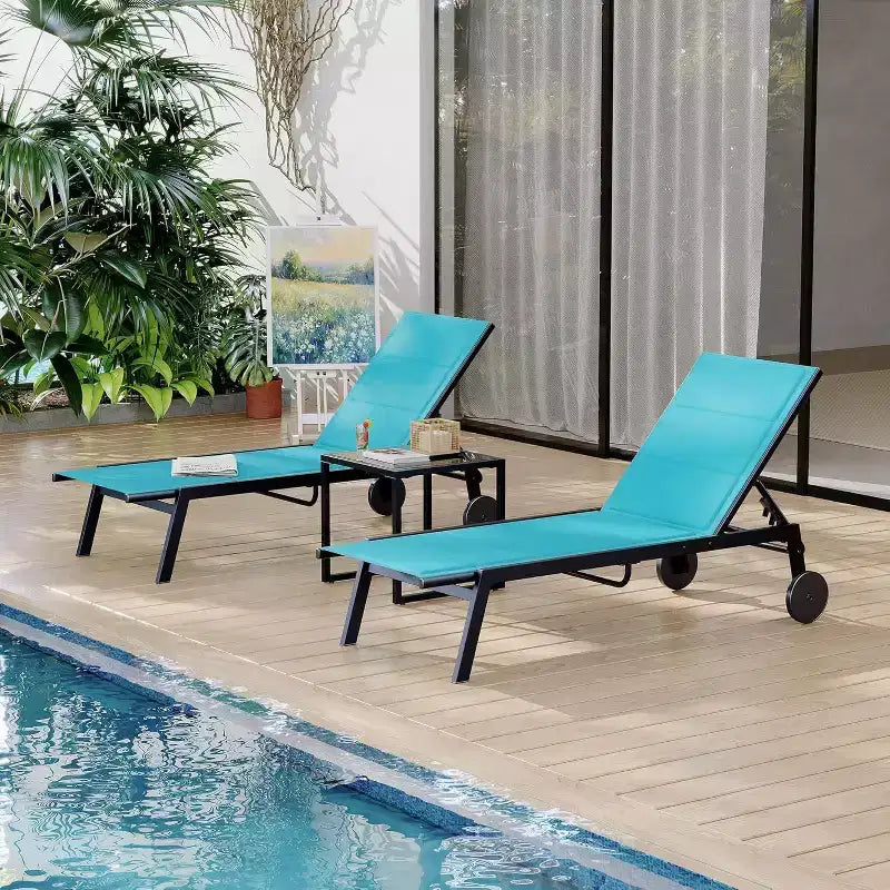 Patio Chaise Lounge Set of 2 with Side Table & Adjustable Backrest