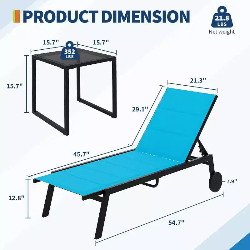 Patio Chaise Lounge Set of 2 with Side Table & Adjustable Backrest