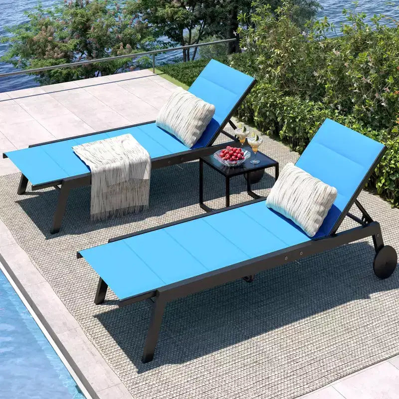 Patio Chaise Lounge Set of 2 with Side Table & Adjustable Backrest