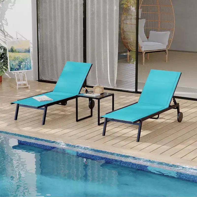 2 Patio Textile Chaise Lounge Chairs with Side Table  Adjustable Backrest Pool Loungers on Wheels, Sunbathing Chairs for Outdoor Pool, Yard, Lawn