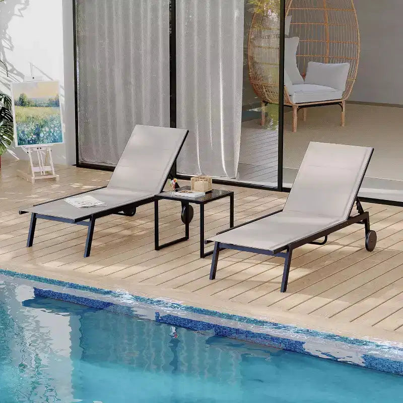 Patio Chaise Lounge Set of 2 with Side Table & Adjustable Backrest