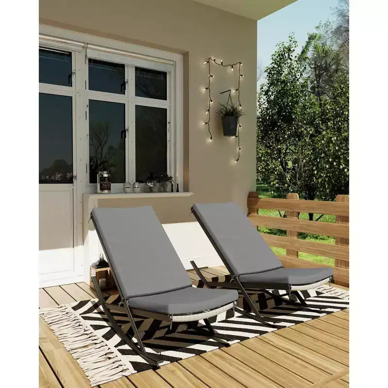 Set of 2 Outdoor Rocking Chairs - All-Weather Rattan Lounge Rockers with Cushions, Brown