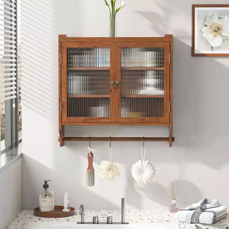 MAYEERTY 24.8 Double Glass Door Vintage Kitchen and Dining Cabinet with Three Three Tiers Towel Rack for Kitchen Dining Room Brown