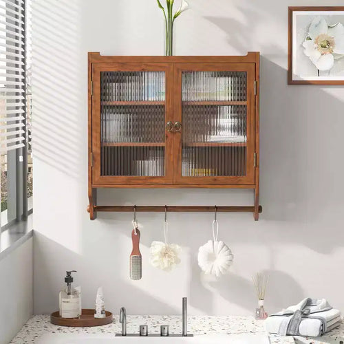 MAYEERTY 24.8 Double Glass Door Vintage Kitchen and Dining Cabinet with Three Three Tiers Towel Rack for Kitchen Dining Room Brown
