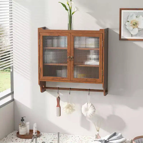 24.8" Double Glass Door Vintage Kitchen & Dining Cabinet with 3-Tier Towel Rack, Brown