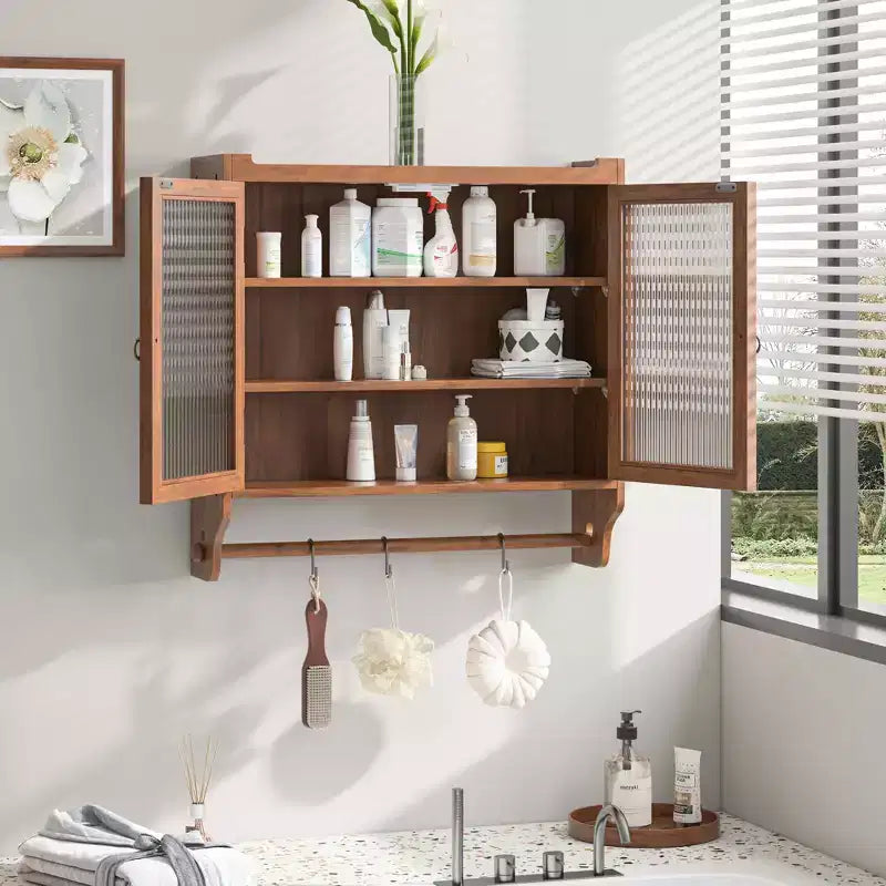 24.8" Double Glass Door Vintage Kitchen & Dining Cabinet with 3-Tier Towel Rack, Brown
