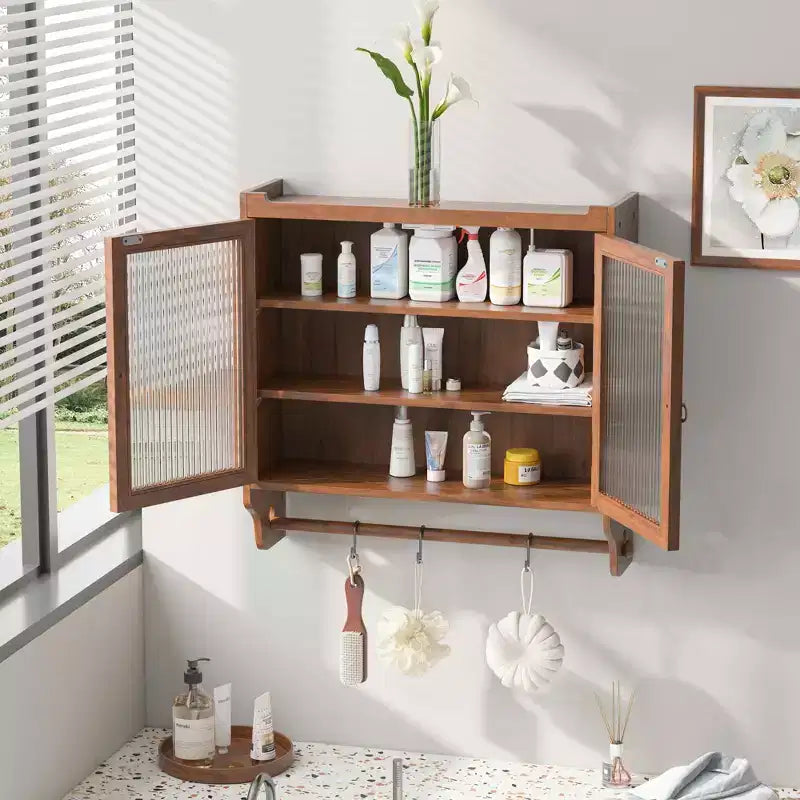 24.8" Double Glass Door Vintage Kitchen & Dining Cabinet with 3-Tier Towel Rack, Brown