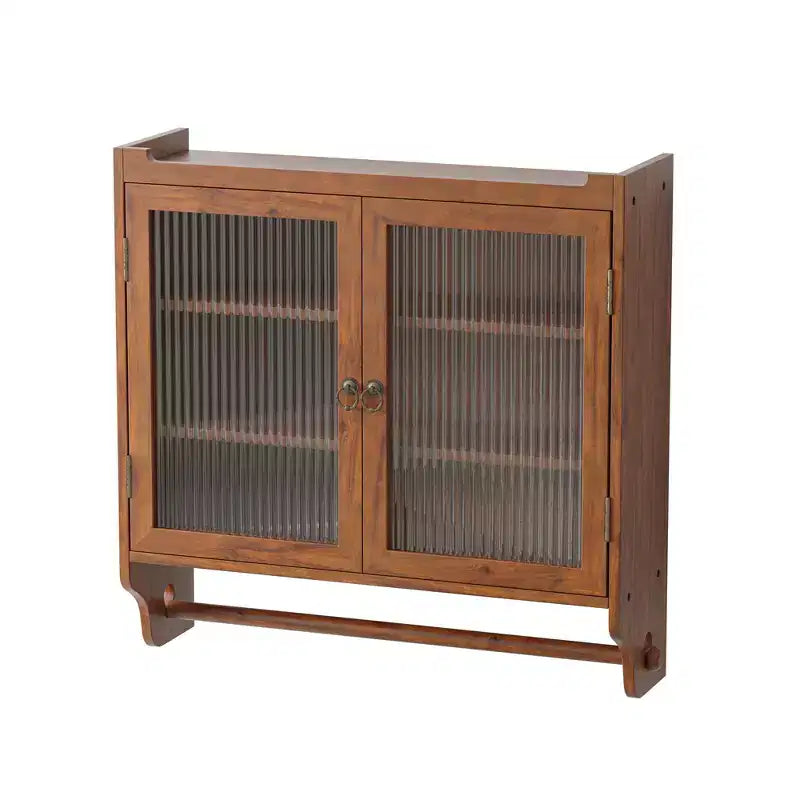 24.8" Double Glass Door Vintage Kitchen & Dining Cabinet with 3-Tier Towel Rack, Brown