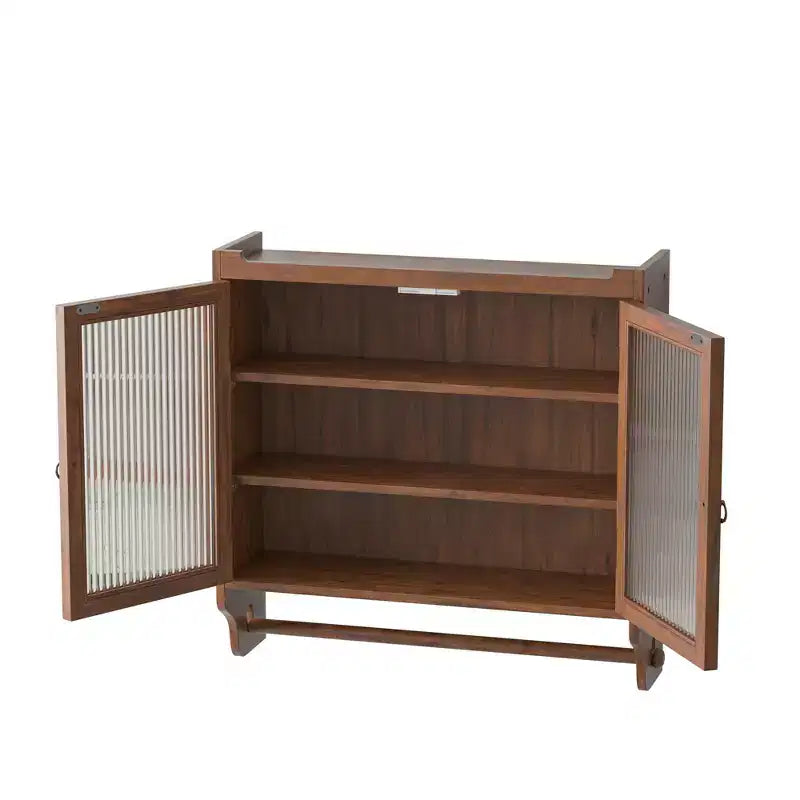 24.8" Double Glass Door Vintage Kitchen & Dining Cabinet with 3-Tier Towel Rack, Brown