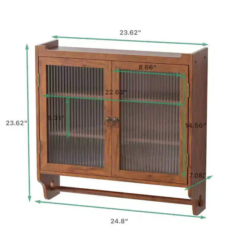 24.8" Double Glass Door Vintage Kitchen & Dining Cabinet with 3-Tier Towel Rack, Brown