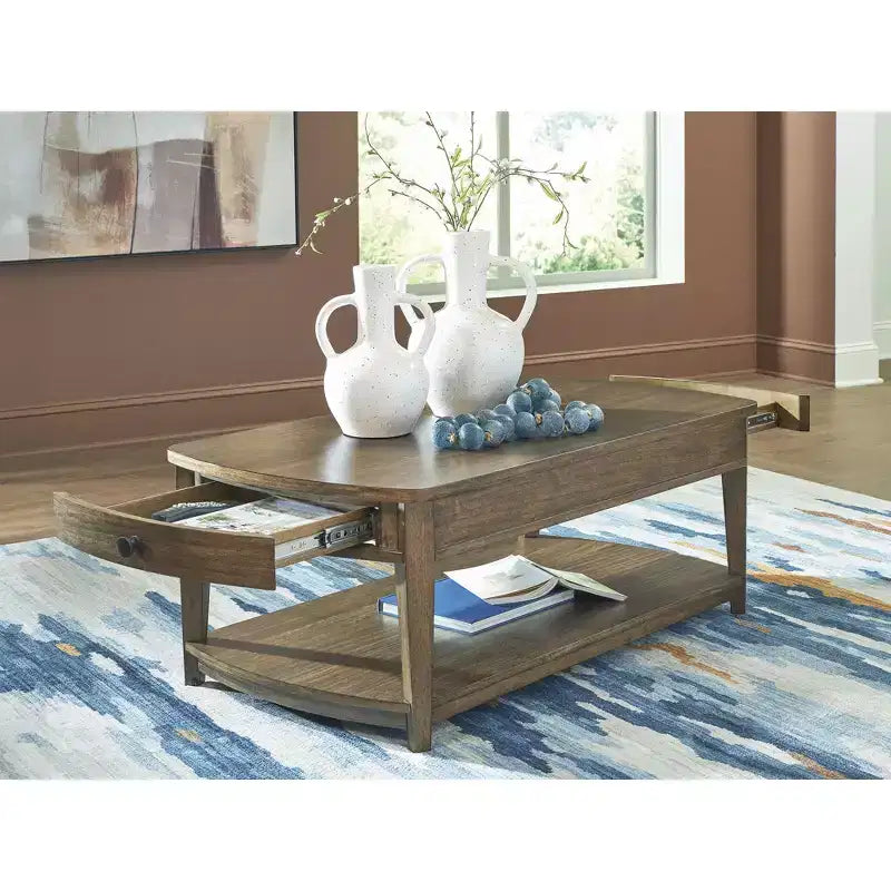 Rectangular Coffee Table with Storage Drawers and Shelf, Brown