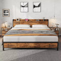 King Size Bed Frame with Charging Station and USB Ports, Industrial King Bed Platform with Headboard, 2-Tier Storage Bedframe,Brown