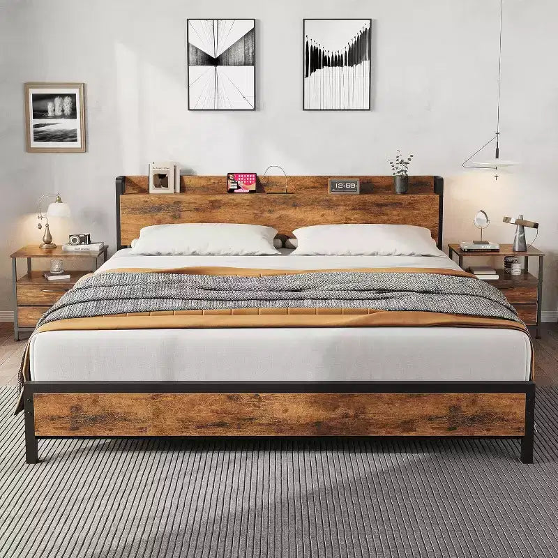 King Size Bed Frame with Charging Station and USB Ports, Industrial King Bed Platform with Headboard, 2-Tier Storage Bedframe,Brown
