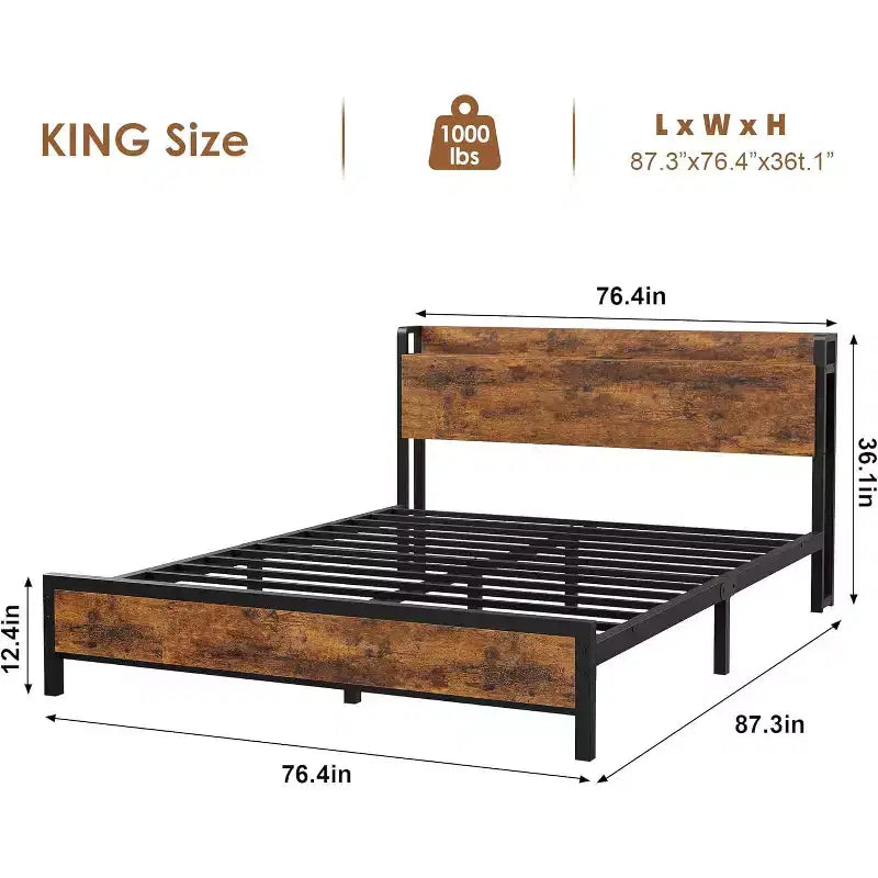 King Size Bed Frame with Charging Station and USB Ports, Platform Bed with Headboard & 2-Tier Storage, Brown