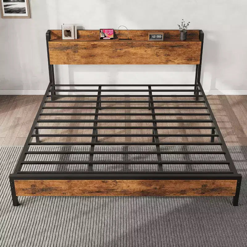 King Size Bed Frame with Charging Station and USB Ports, Platform Bed with Headboard & 2-Tier Storage, Brown