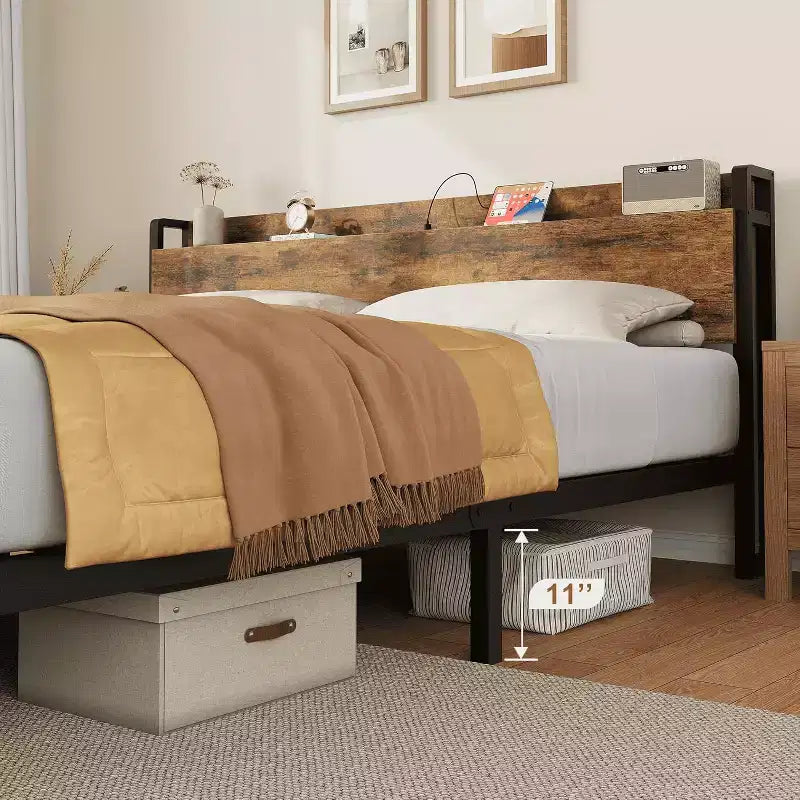 King Size Bed Frame with Charging Station and USB Ports, Platform Bed with Headboard & 2-Tier Storage, Brown