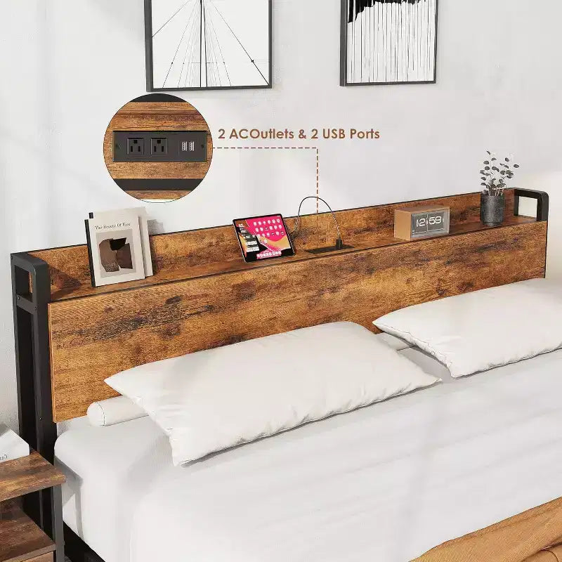 King Size Bed Frame with Charging Station and USB Ports, Platform Bed with Headboard & 2-Tier Storage, Brown