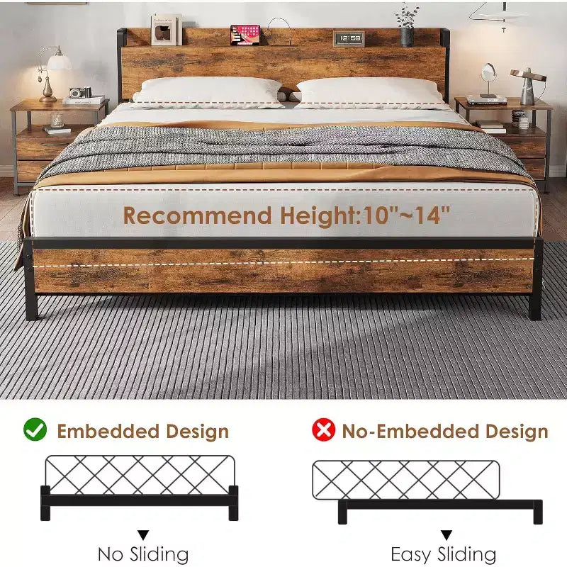 King Size Bed Frame with Charging Station and USB Ports, Platform Bed with Headboard & 2-Tier Storage, Brown