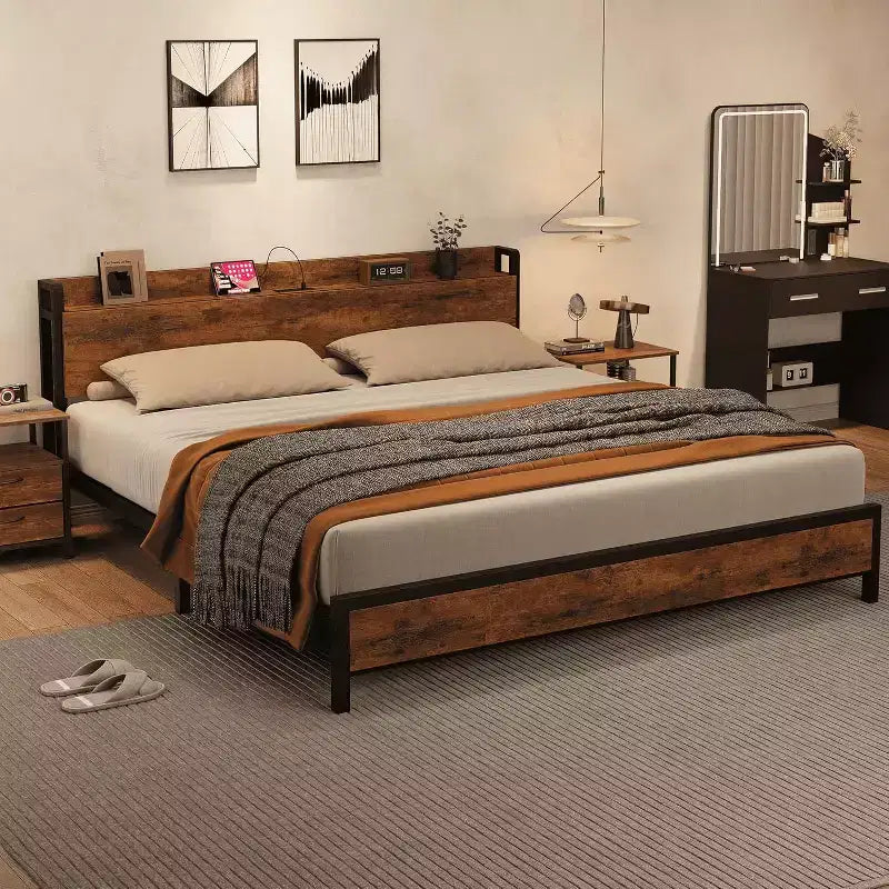 King Size Bed Frame with Charging Station and USB Ports, Platform Bed with Headboard & 2-Tier Storage, Brown