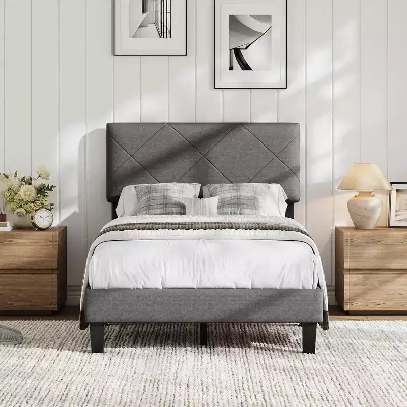 GustoWave Twin/Full/Queen/King Size Bed Frame with Upholstered Headboard - Gray Platform Bed with Wooden Slats