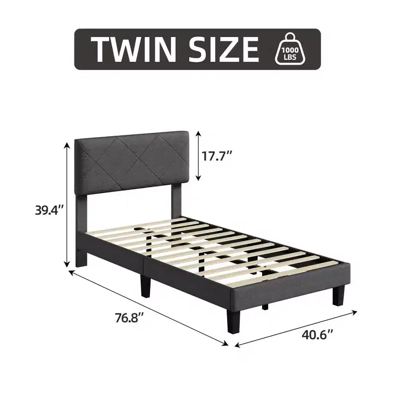 Twin/Full/Queen/King Size Bed Frame with Upholstered Headboard - Gray Platform Bed with Wooden Slats