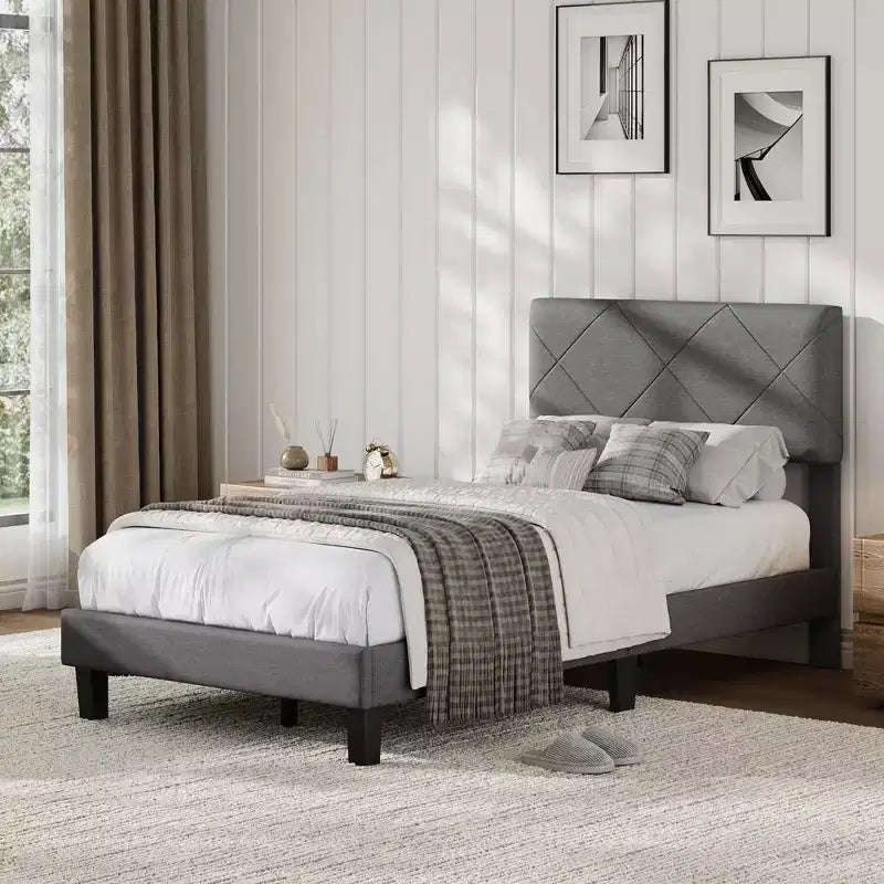 Twin/Full/Queen/King Size Bed Frame with Upholstered Headboard - Gray Platform Bed with Wooden Slats
