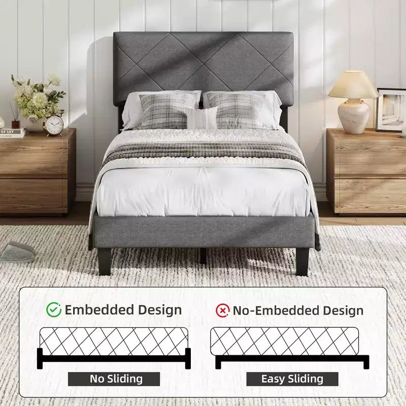 Twin/Full/Queen/King Size Bed Frame with Upholstered Headboard - Gray Platform Bed with Wooden Slats