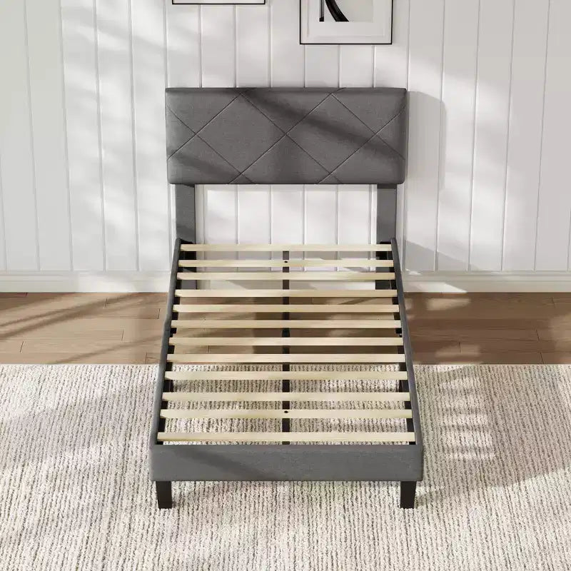 Twin/Full/Queen/King Size Bed Frame with Upholstered Headboard - Gray Platform Bed with Wooden Slats