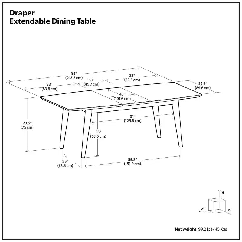 66-84 inch x 40 inch Rectangle Mid-Century Modern Extendable Dining Table