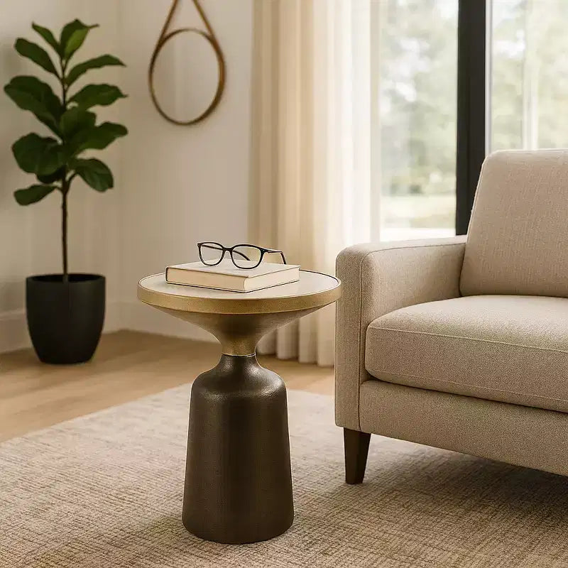 Marble Top Metal Accent Table - Round Side Table for Living Room, Bedroom & Small Spaces