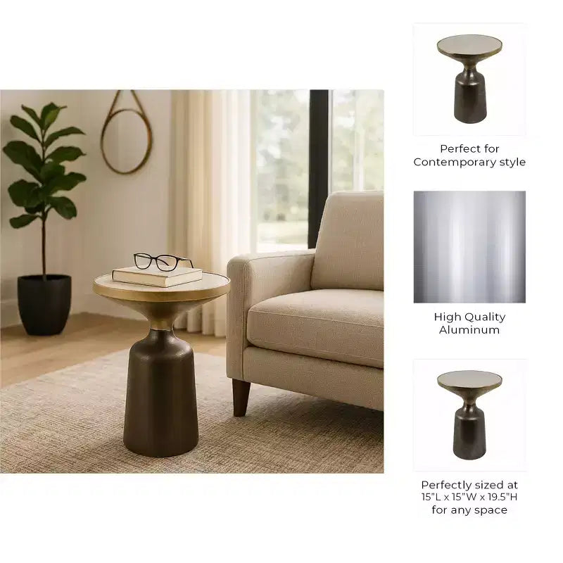 Marble Top Metal Accent Table - Round Side Table for Living Room, Bedroom & Small Spaces