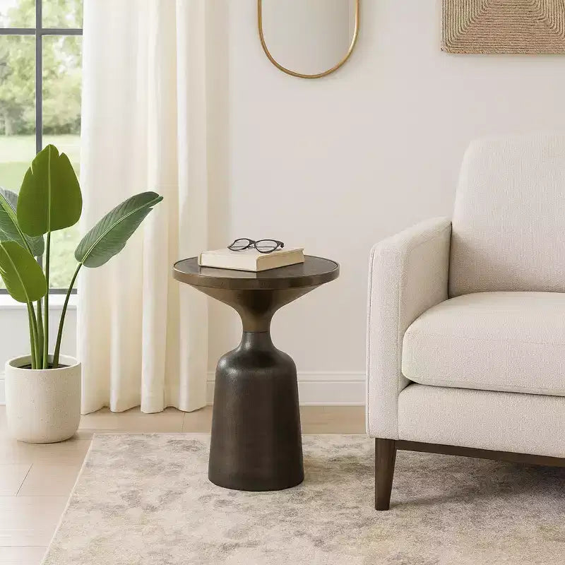 Marble Top Metal Accent Table - Round Side Table for Living Room, Bedroom & Small Spaces